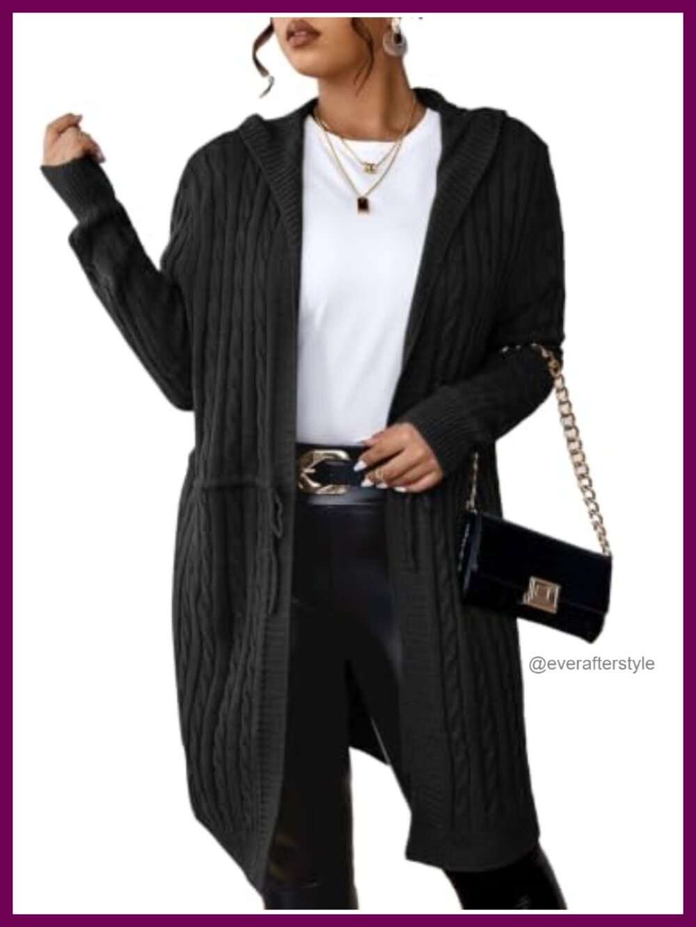 Plus Size Cable Knit Hooded Open Front Long Cardigan Sweater